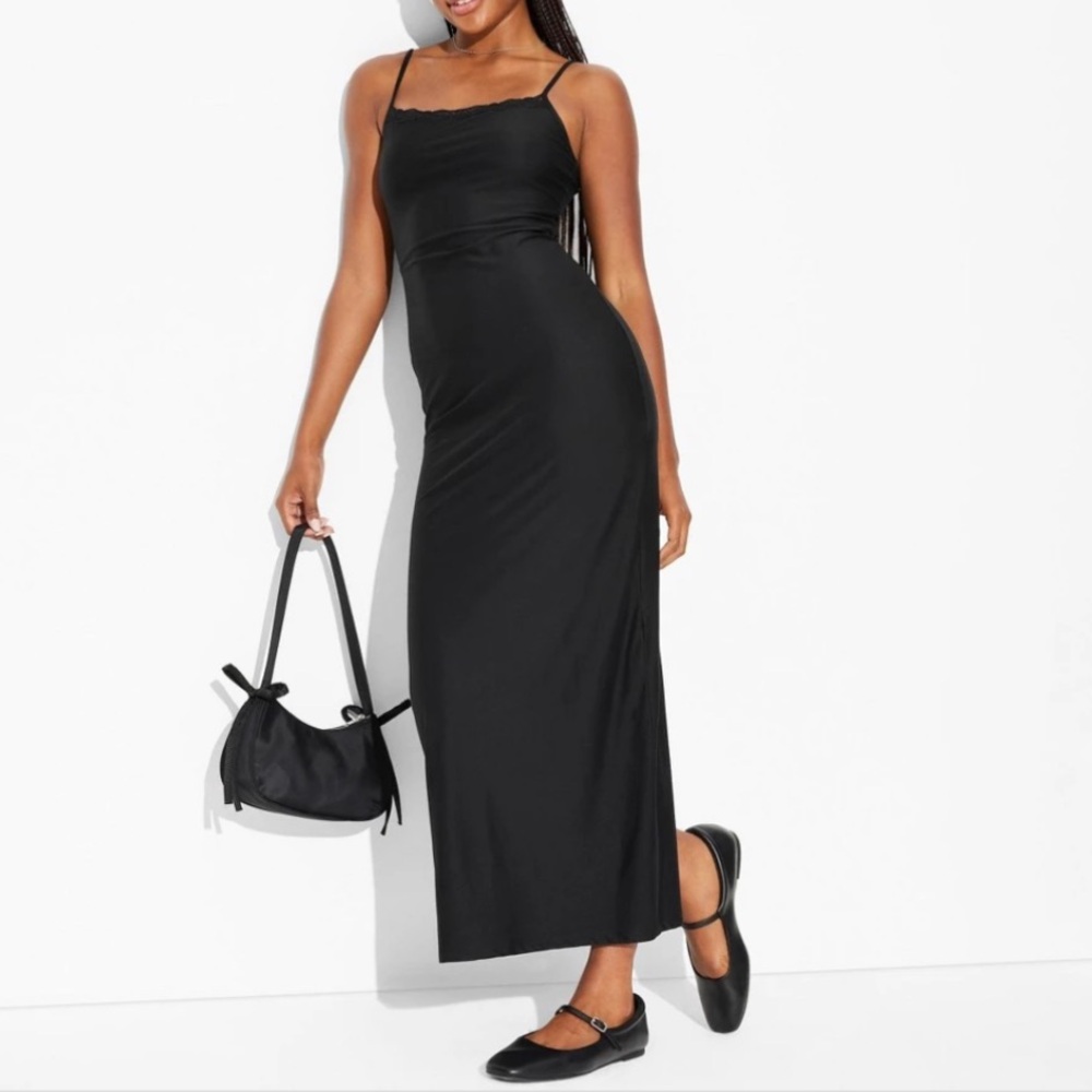 Wild Fable Black Lace Trim Midi Slip Dress